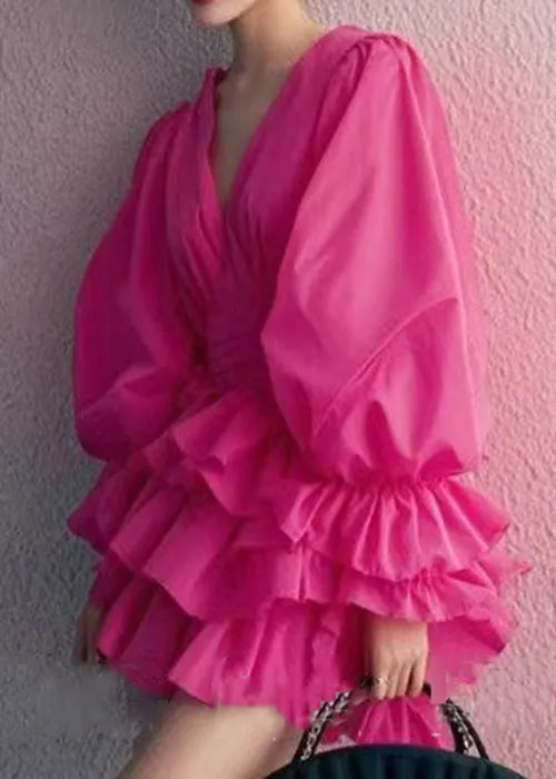 Rose V Neck Cotton Mini Dress Butterfly Sleeve