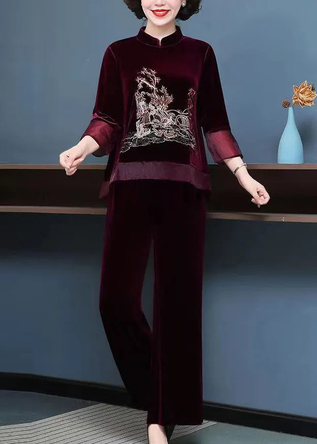Mulberry Tops and Pants Velour Two Piece Set Embroideried Fall