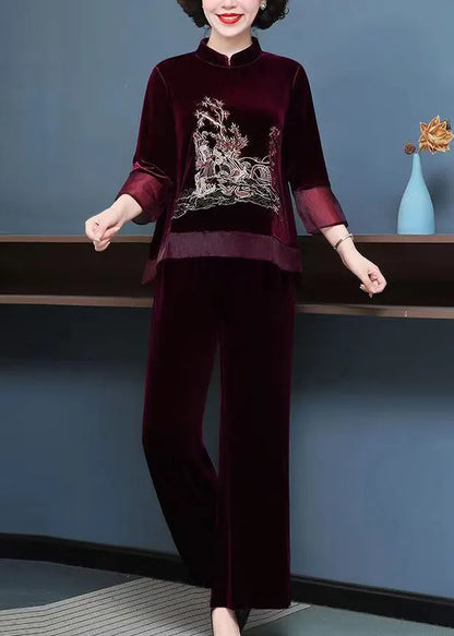 Mulberry Tops and Pants Velour Two Piece Set Embroideried Fall
