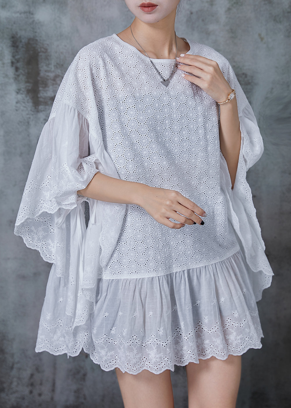 French White Oversized Patchwork Hollow Out Tank Batwing Sleeve Summer