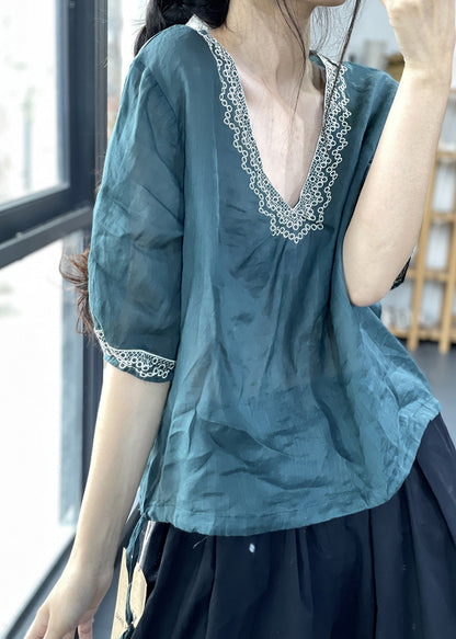 New Blue Embroidered Linen Blouses Summer