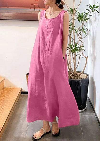 Modern Yellow O-neck Slim Fit Cotton Long Dresses Sleeveless