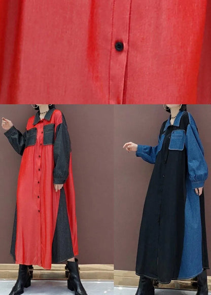 Simple Blue Dresses Lapel Patchwork Robe Spring Dress