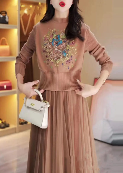 Khaki Embroidered Tulle Patchwork Knit Two Pieces Set Winter