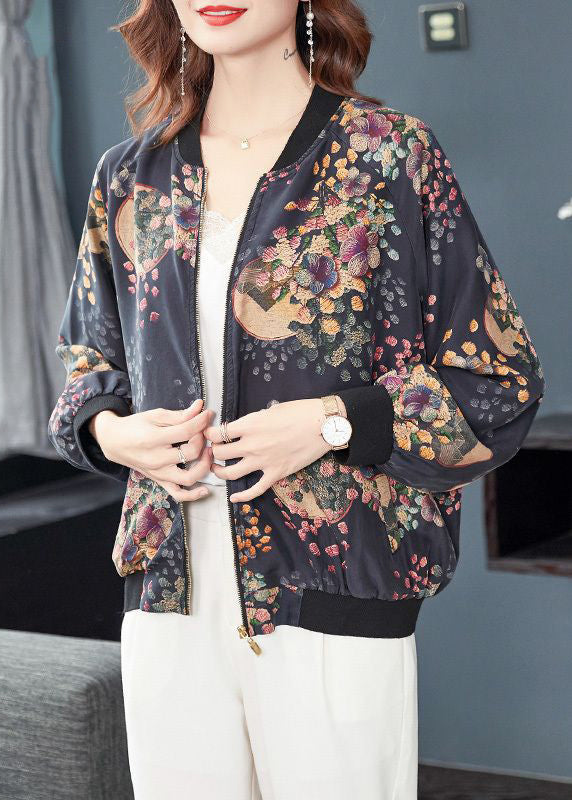 Dark Gray Zip Up Print Pockets Patchwork Silk Coats Fall