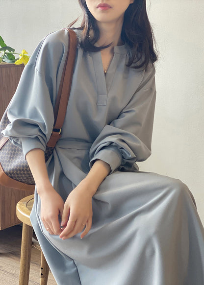 Apricot V Neck Tie Waist Cotton Long Dress Fall