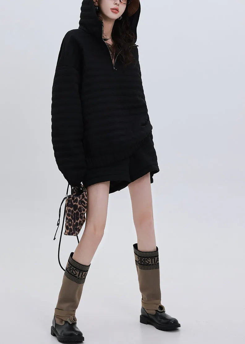 Italian Black Hooded Oversized Fine Cotton Filled Two Pieces Set Winter