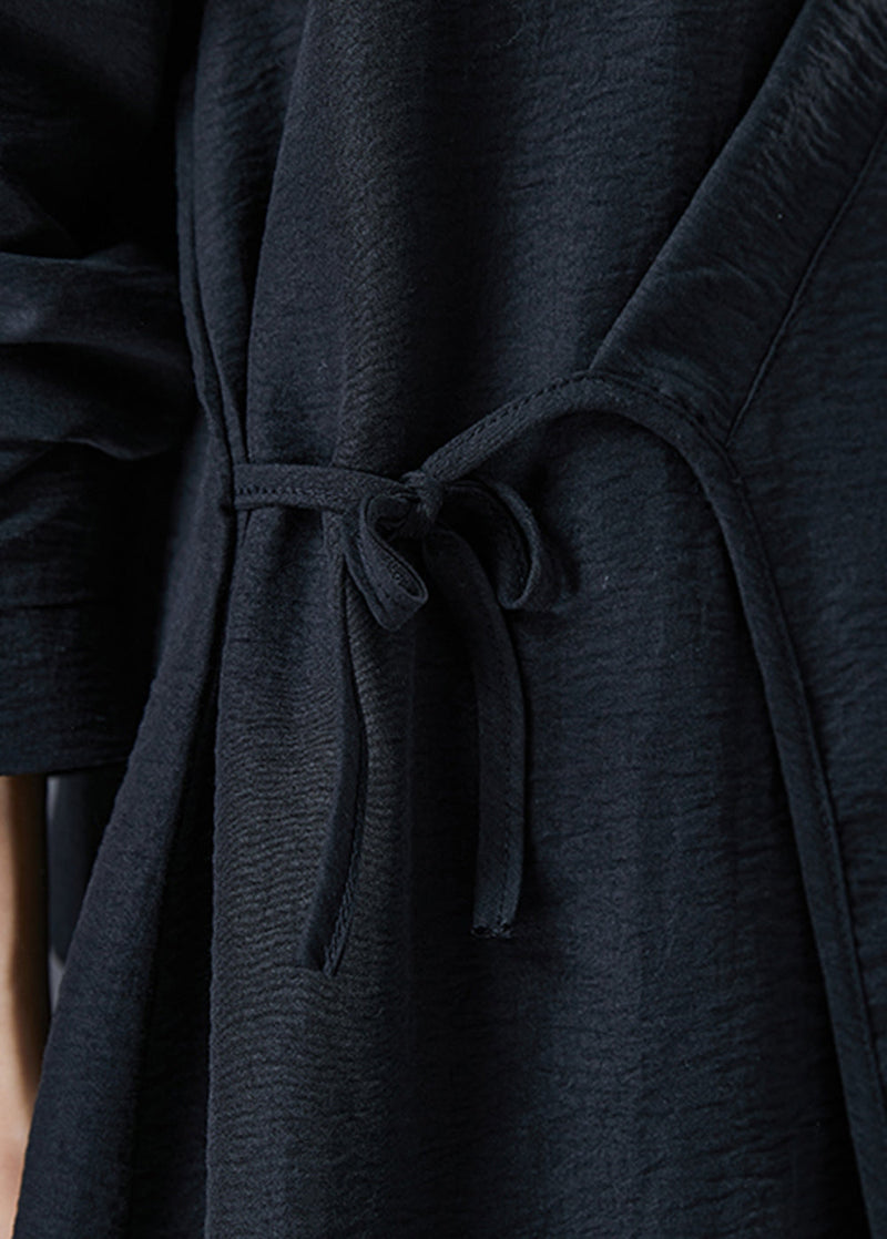Black Oversized Tie Waist Linen Two Pieces Set Fall