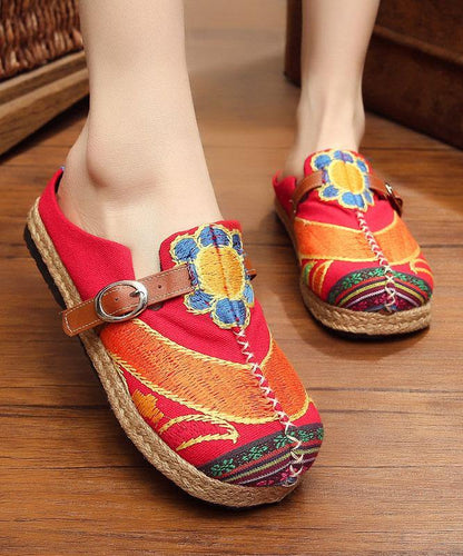 Red Cotton Linen Embroideried Fabric Buckle Strap Thong Sandals