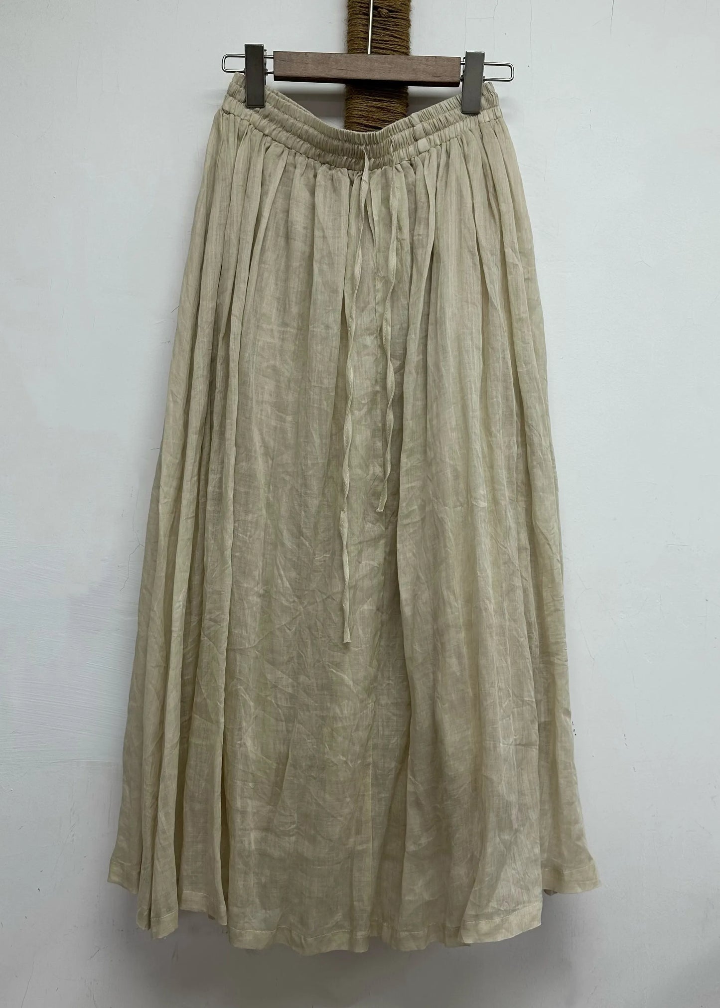 Leisure Khaki Elastic Waist Linen Long Skirt for Summer