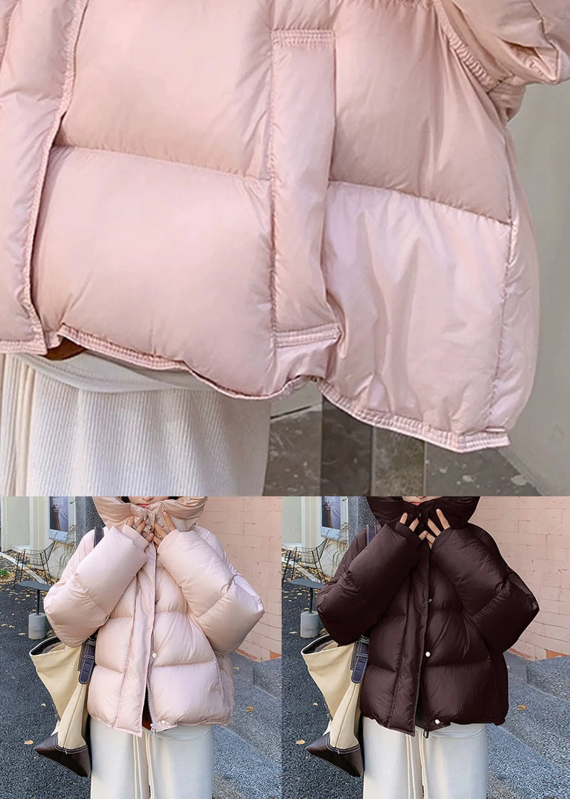 Pink Hooded Zippered Pockets Duck Down Down Coat Winter