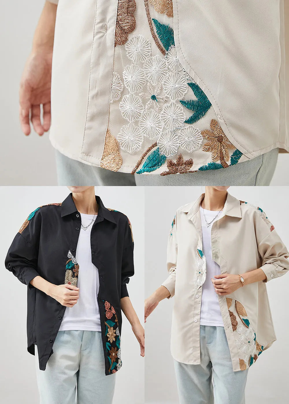 Beige Patchwork Cotton Shirts Embroideried Fall
