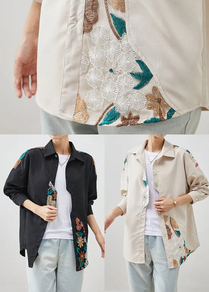 Beige Patchwork Cotton Shirts Embroideried Fall