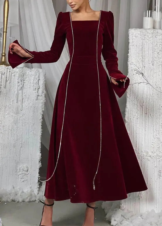 European and American Style Black Square Collar Velour Dresses Flare Sleeve