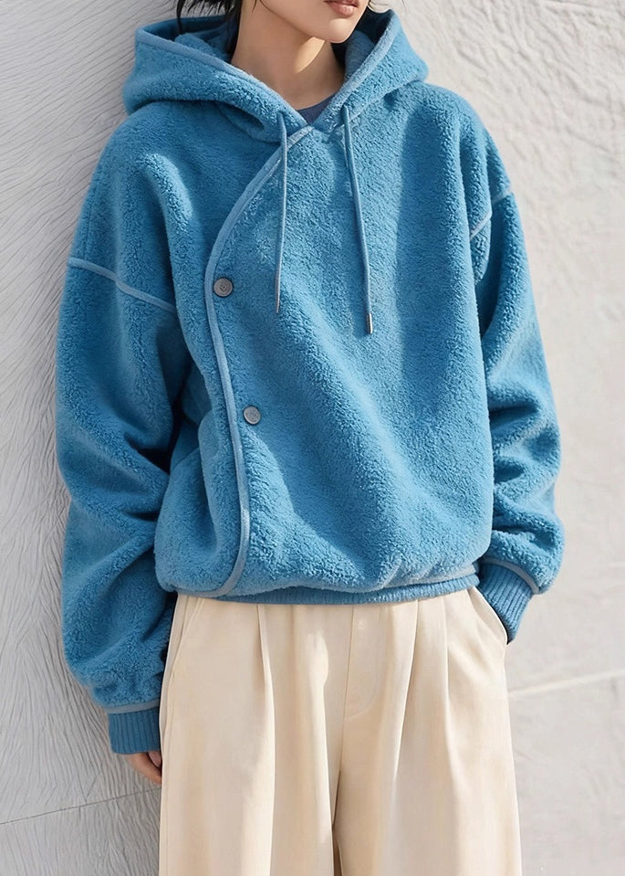 Simple Blue Hooded Cozy Fluffy Sweatshirts Winter