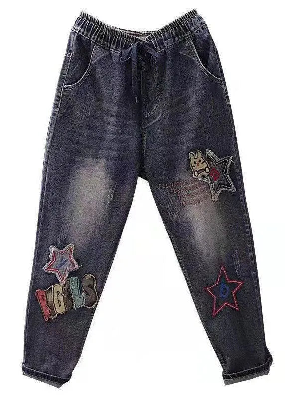 Blue Embroideried Pockets Patchwork High Waist Denim Pants Spring