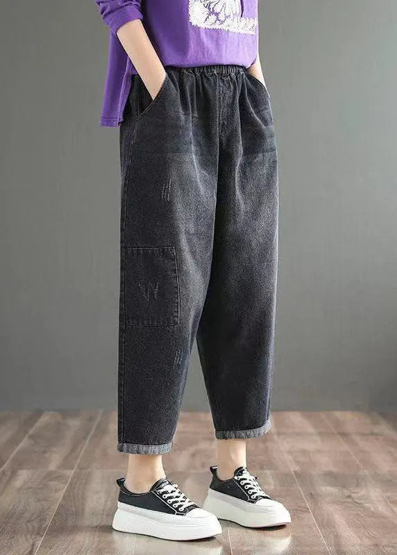 Fine Blue Elastic Waist Pockets Harem Fall Denim Pants