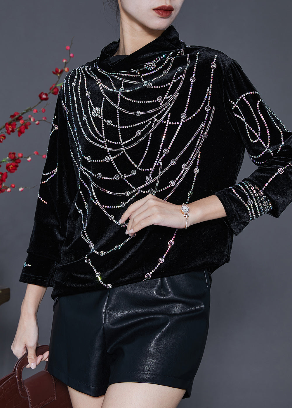 Diy Black Turtle Neck Zircon Silk Velour Shirts Spring