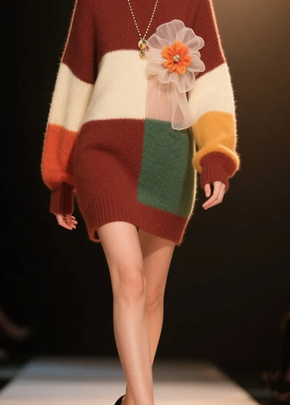 Colorblock O Neck Knit Dress Winter