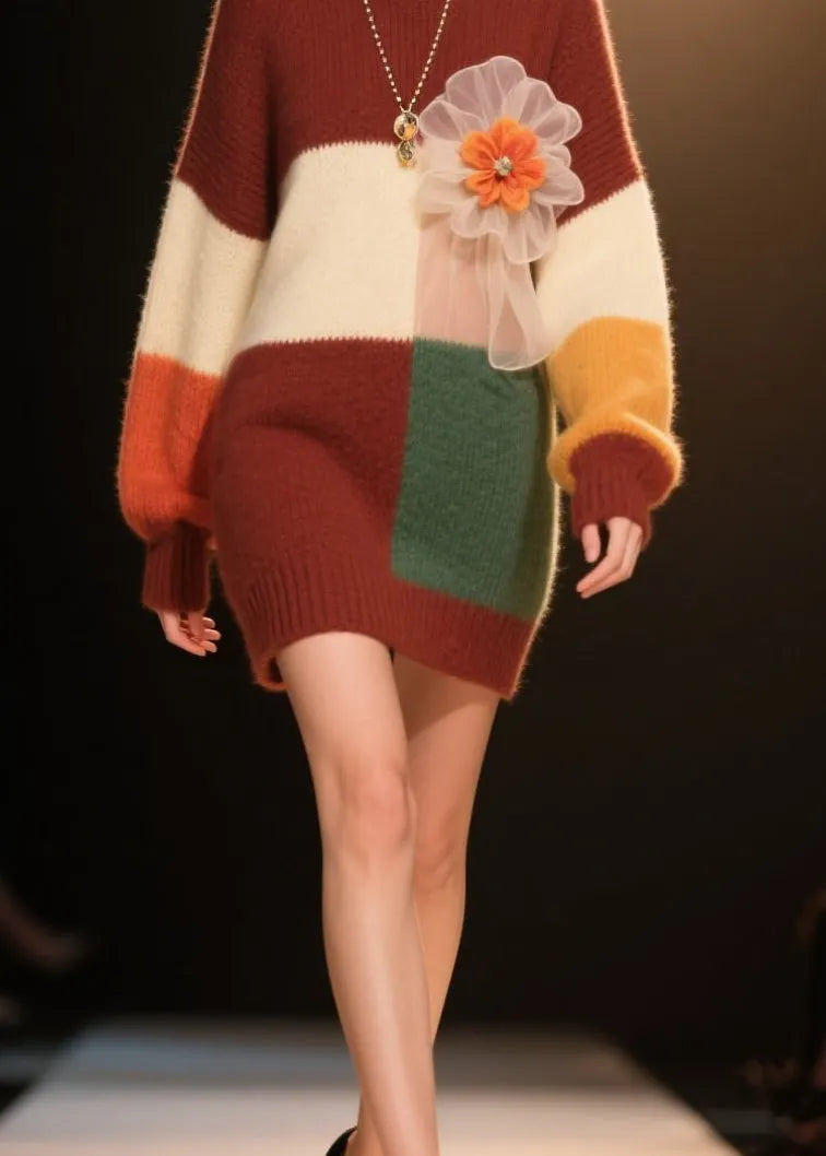Colorblock O Neck Knit Dress Winter