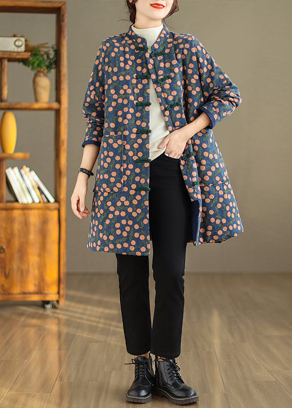 Print Pockets Chinese Button Fine Cotton Filled Coat Winter