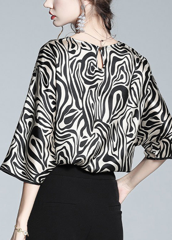 Loose Leopard O-neck Silk Tops Long Sleeve