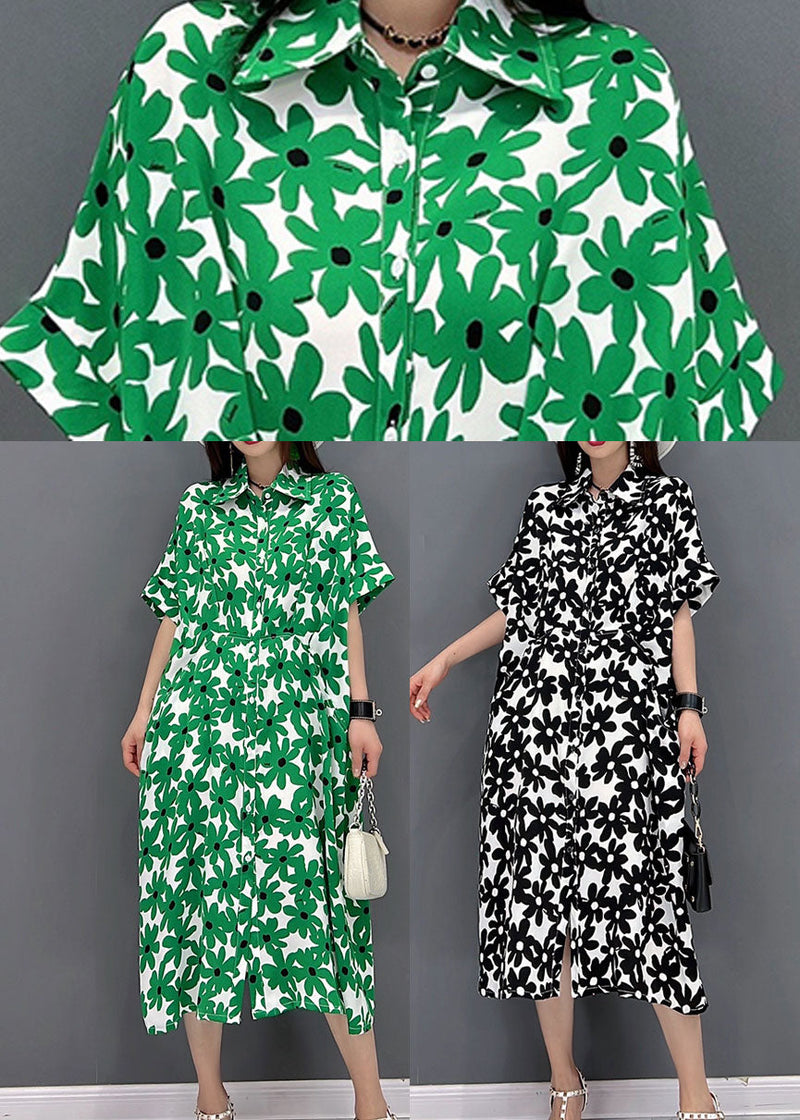 Green Peter Pan Collar Print Shirt Dress Short Sleeve