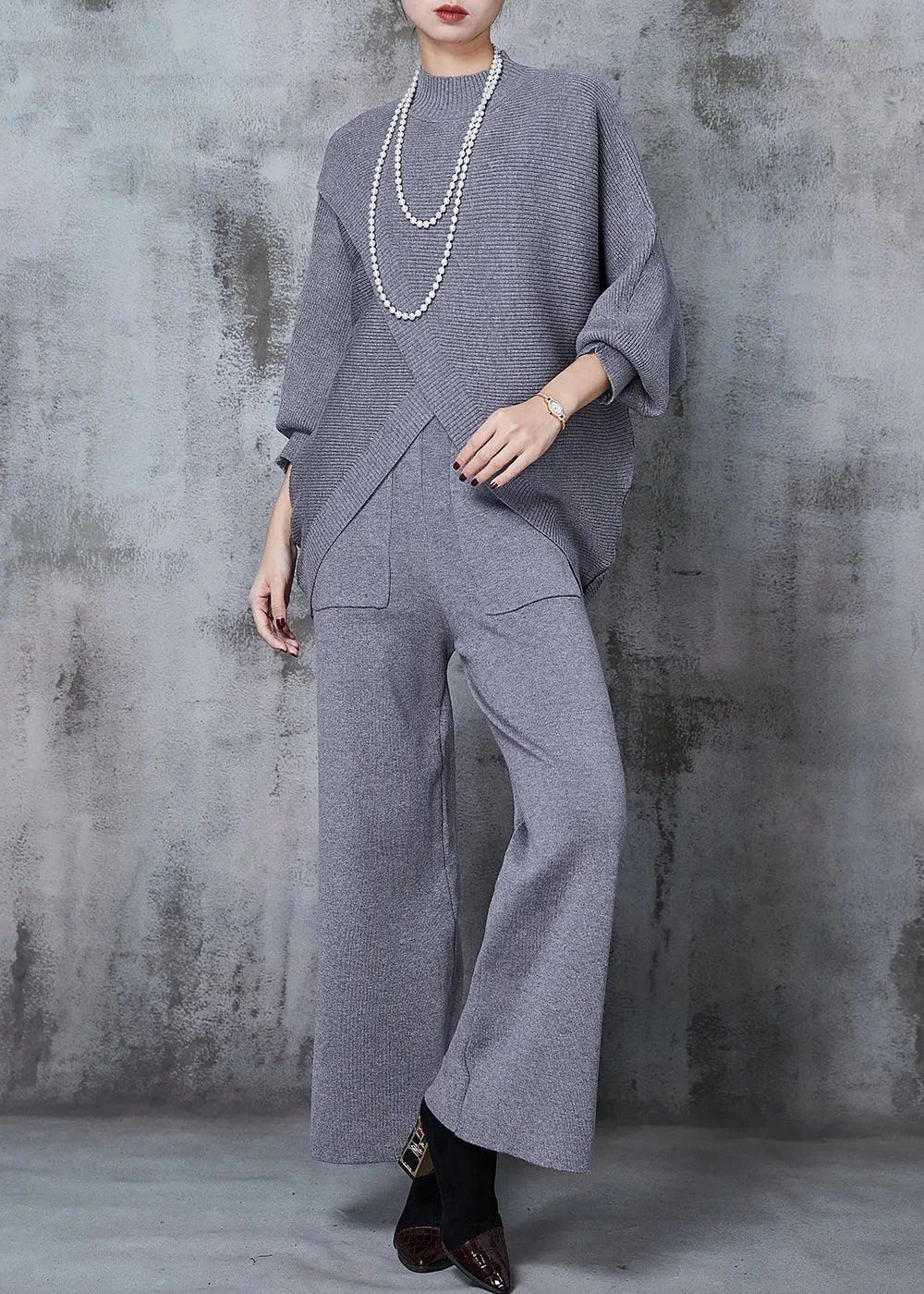 Grey Asymmetrical Design Knit Two Pieces Set Batwing Sleeve Winter