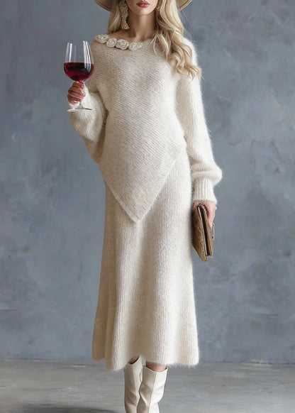 Beige Asymmetrical Cotton Knit Sweaters and Maxi Skirts Two Pieces Set Spring