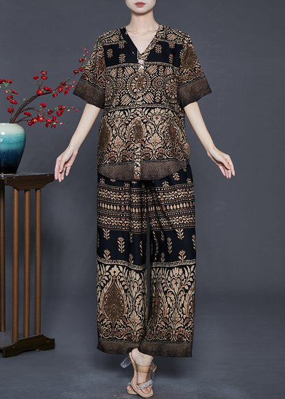 Stylish Brown V Neck Print Silk Two Piece Set Clothing Summer