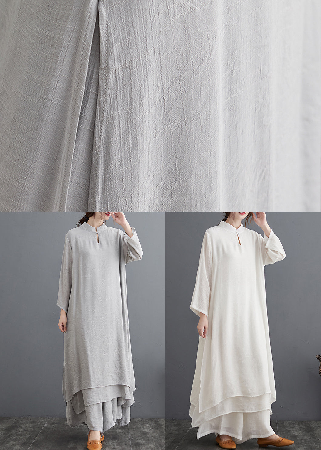 White Stand Collar Patchwork Cotton Two Pieces Set Fall