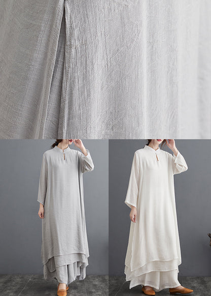 Grey Patchwork Cotton Two Pieces Set Stand Collar Side Open Fall