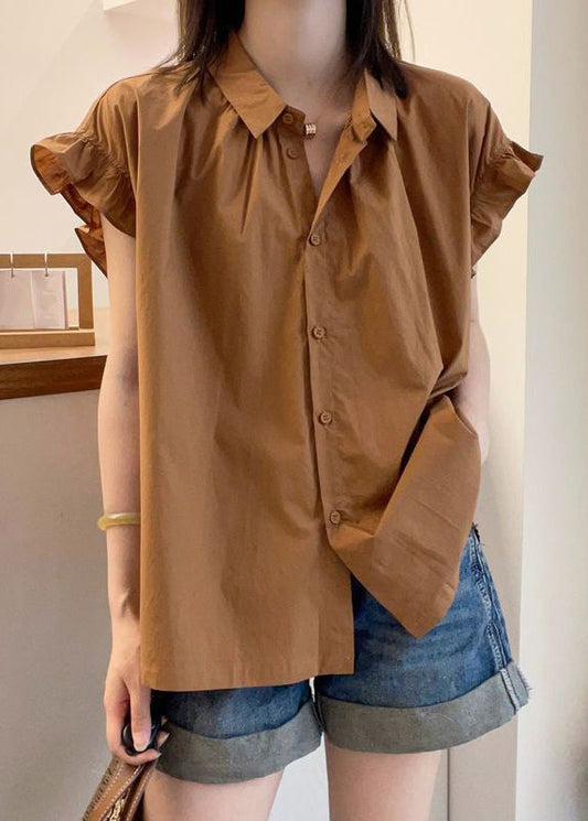Coffee Ruffled Button Patchwork Cotton Top Summer