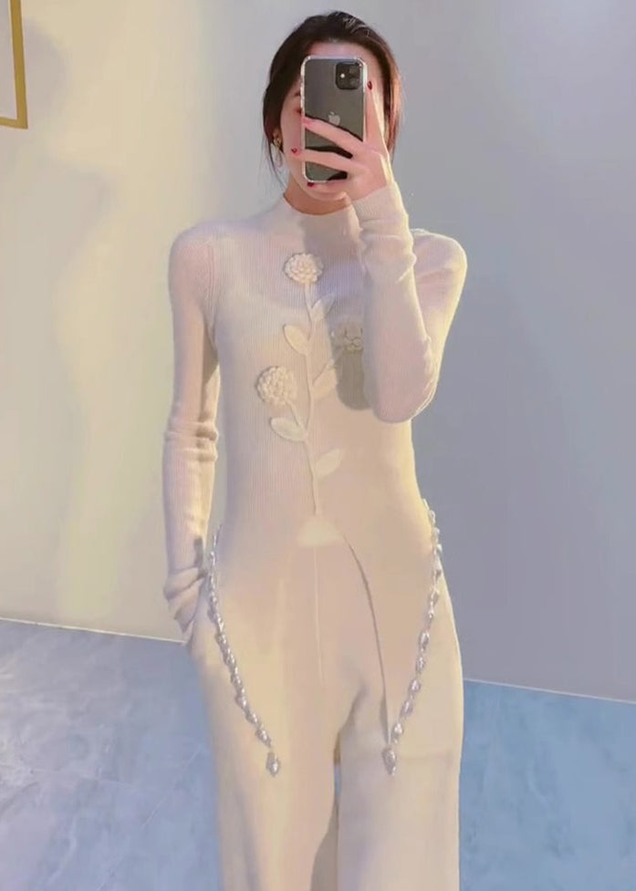 White Pearl Patchwork Knitting Cotton Two-piece Set Long Sleeve