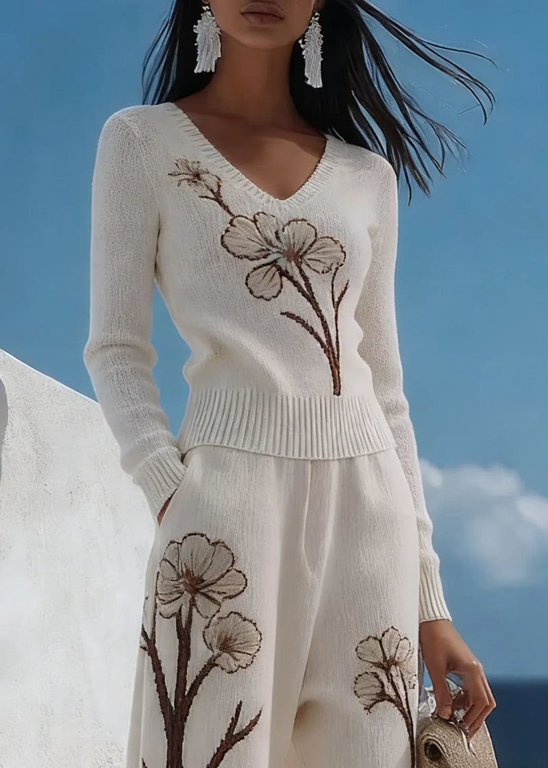 Art White V Neck Print Pockets Knit Two Pieces Set Spring