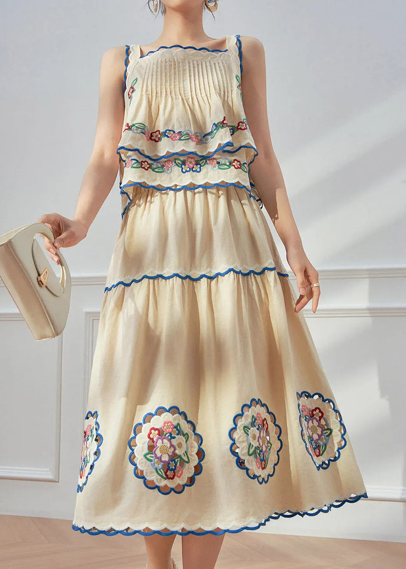 Beach Yellow Embroidered Linen Top and Maxi Skirts Two Pieces Set Summer