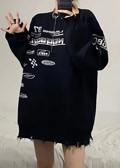 Black O-neck Graphic Loose Fall Knit Sweaters