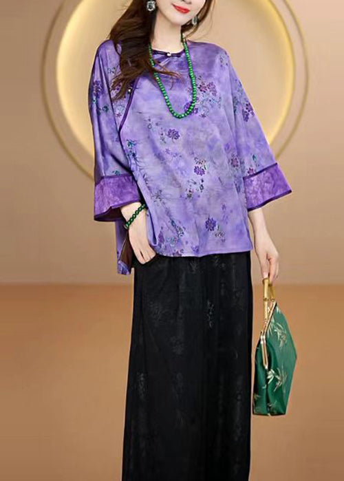 Purple O Neck Print Button Silk Shirts Fall