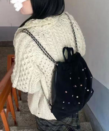 Black Velour Gem Stone Patchwork Faux Leather Backpack Bag