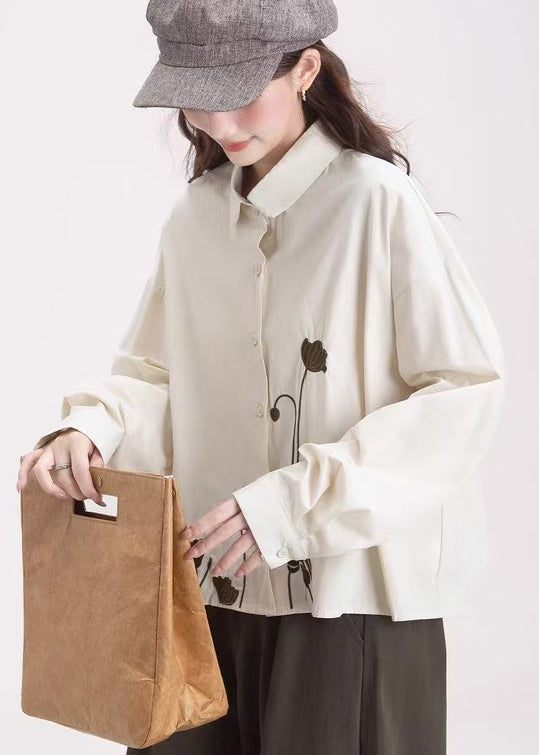 Organic Apricot Embroidered Cotton Shirt Tops Spring