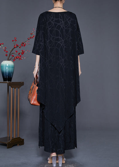 Black Striped Silk Sets 2 Pieces Asymmetrical Summer