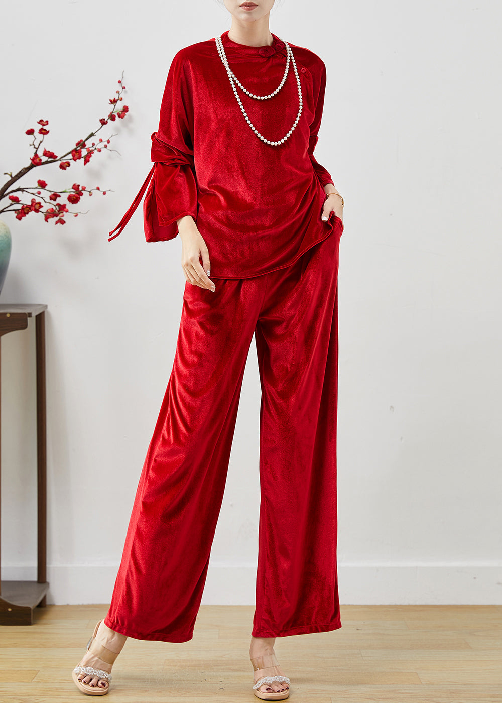 Red Side Open Silk Velvet Two Piece Set Clothing Fall