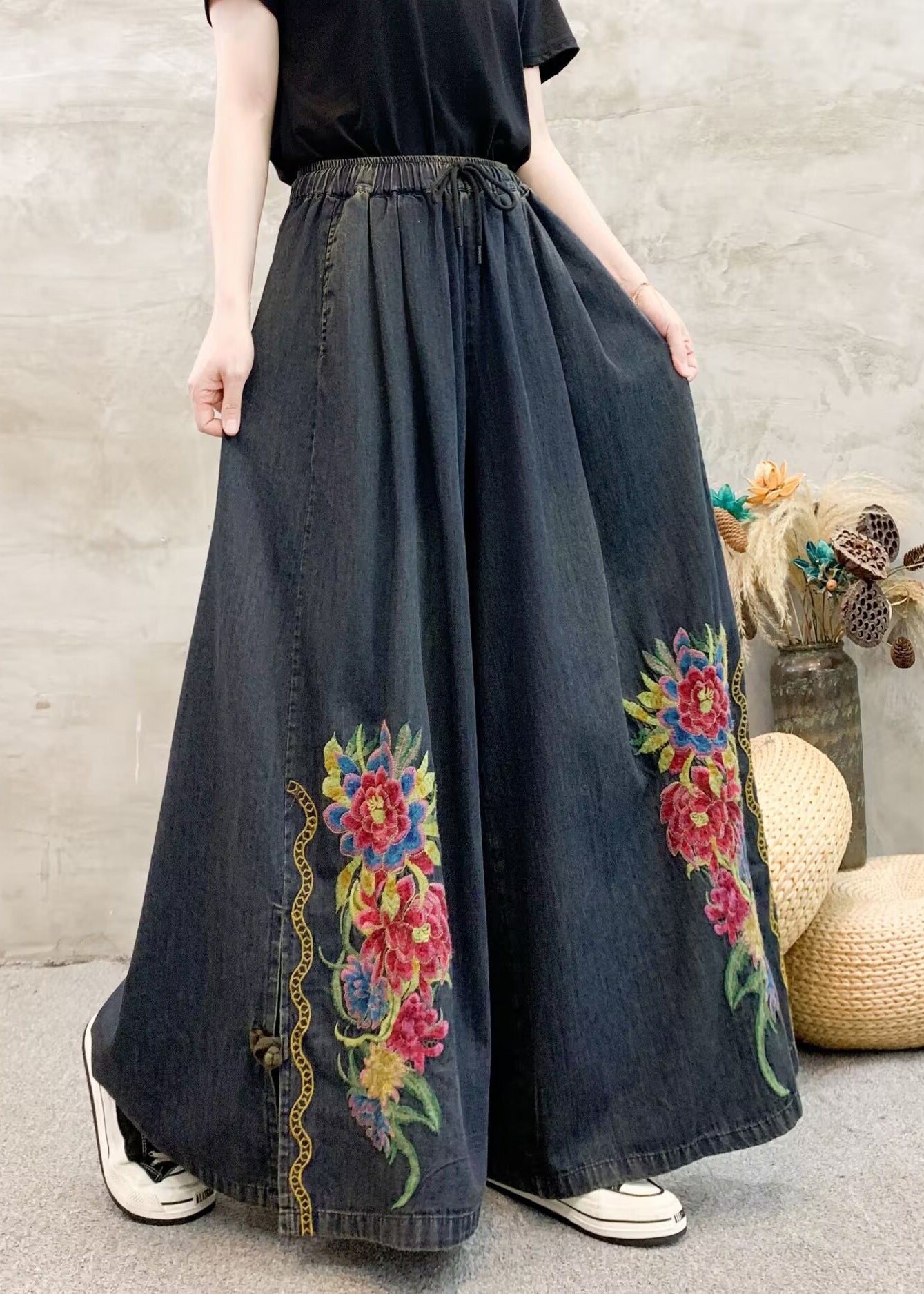 Dark Grey Embroidered Tie Waist Wide Leg Pants