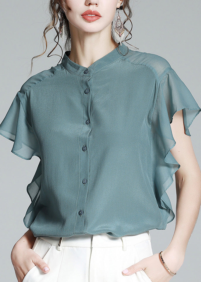 Brief Haze Blue Stand Collar Button Silk Shirt Short Sleeve