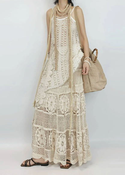 Beige Hollow Out Asymmetrical Design Knit Two-piece Set Summer