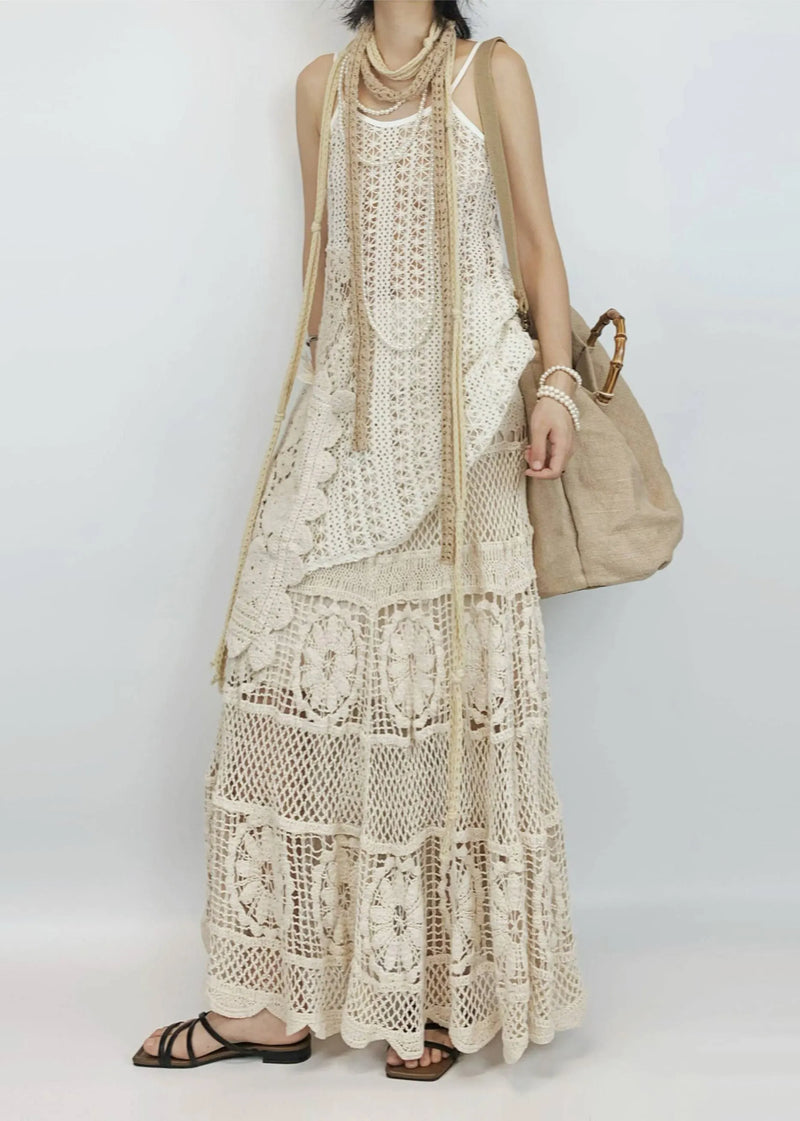 Beige Hollow Out Asymmetrical Design Knit Two-piece Set Summer