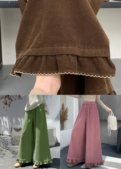 Pink Pockets Elastic Waist Corduroy Fall Pants Ruffled