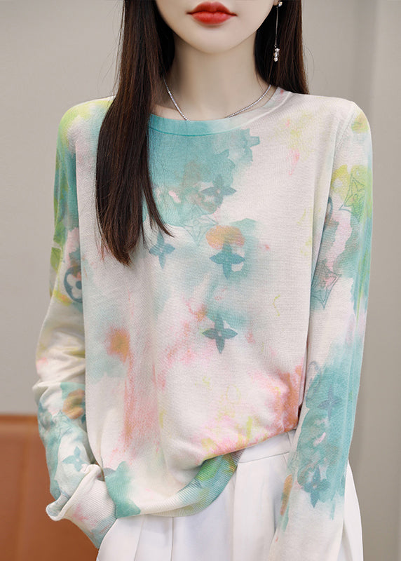 Green O Neck Print Silk Cotton T Shirt Spring