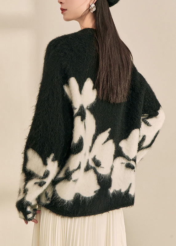 Modern Black O-neck Print Cotton Knit Cardigan Fall