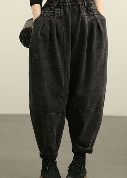 Diy Blue High Waist Pockets Wrinkled Harem Fall Denim Pants